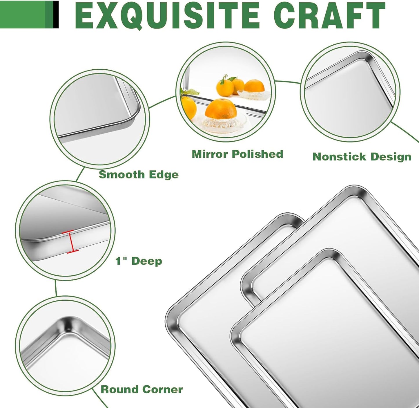 Stainless Steel Cookie Sheets, Baking Sheet Pan Set of 3 with Wire Cooling Rack, Non Stick and Heavy Duty and Easy Clean, 9/12/16 Inch