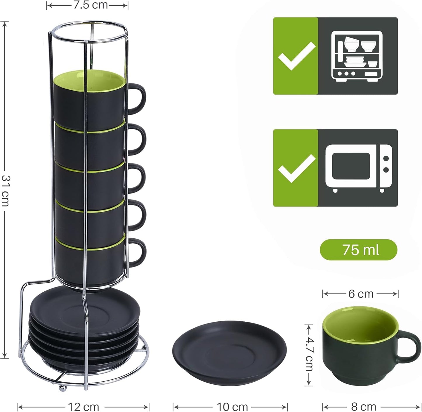 MIAMIO - 2.5 oz Espresso Cup Set with Saucers Set of 6 - Ceramic Coffee Mug Stackable Espresso Mug with Stand for Coffee Drinks, Latte, Cafe Mocha - Le Papillon Collection (Green)