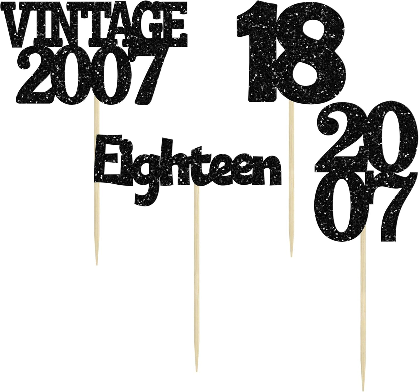 Gyufise 24Pcs 18th Birthday Cupcake Toppers Glitter Eighteen Vintage 2007 Adultish 18 Cupcake Picks Hello 18 Years Birthday Cake Decorations for Happy 18th Birthday Anniversary Party Supplies Black
