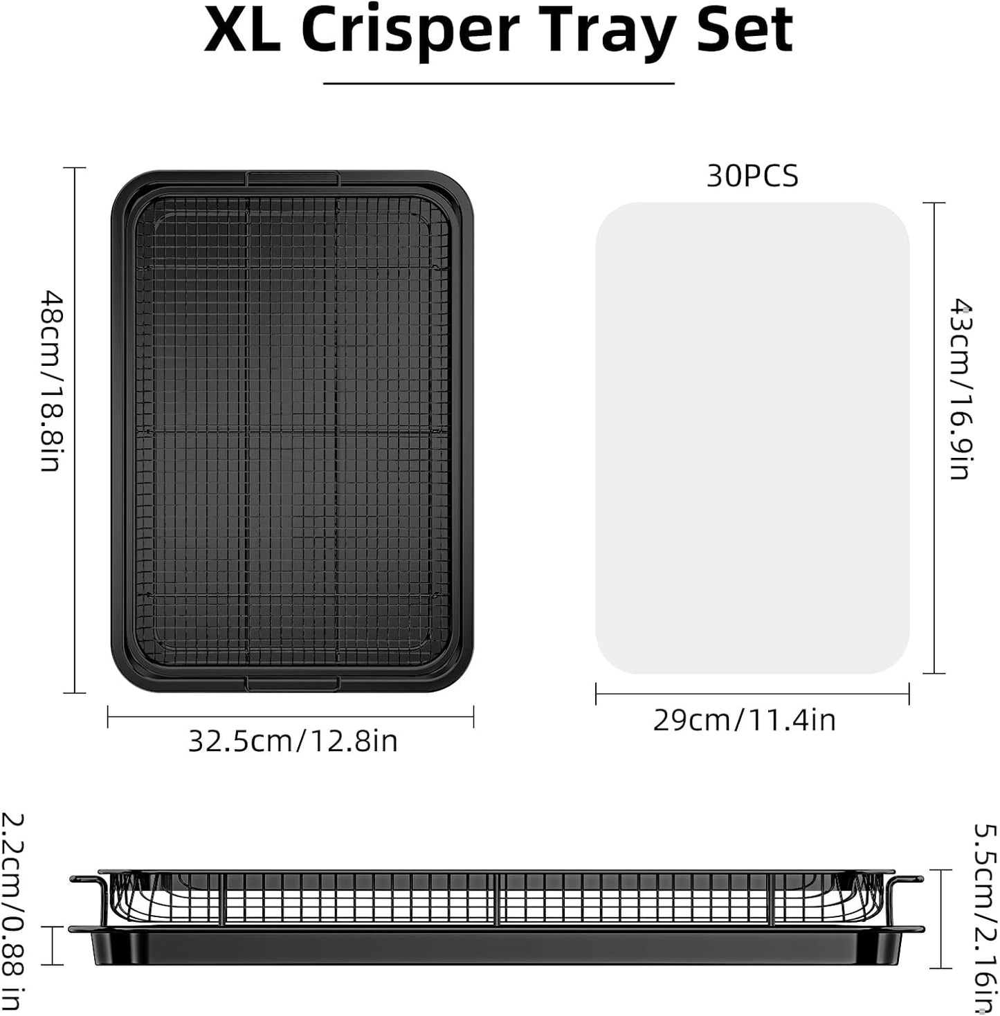 Air Fryer Basket for Oven, OPENICE 18.6" x 12.8" Air Fryer Basket and Tray Set, Extra Large Stainless Steel Air Fryer Pan Crisper Tray for Crisping Fried, Chicken, Bacon - Black