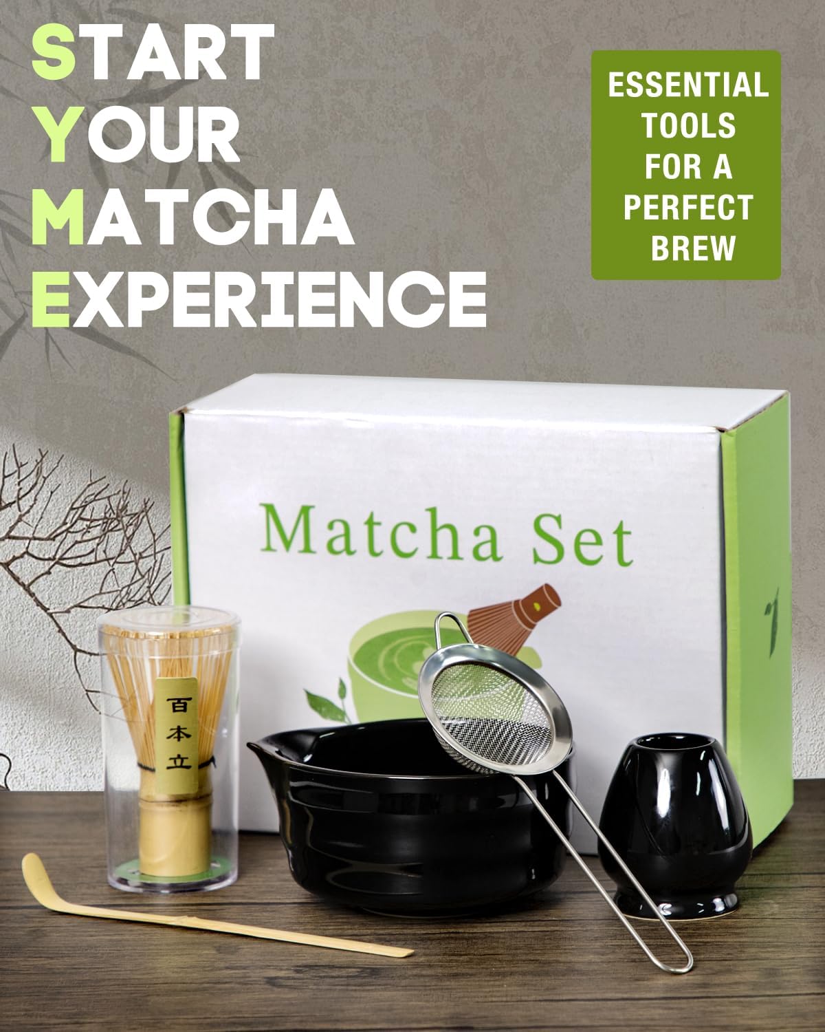 Matcha Whisk Set - 5PCS Matcha Set Includes 17OZ Chawan with Spout, Bamboo Chasen Whisk with Ceramic Holder, Wooden Scoop and Stainless Sifter, Matcha Kit for Ceremony, Gift for Matcha Lovers
