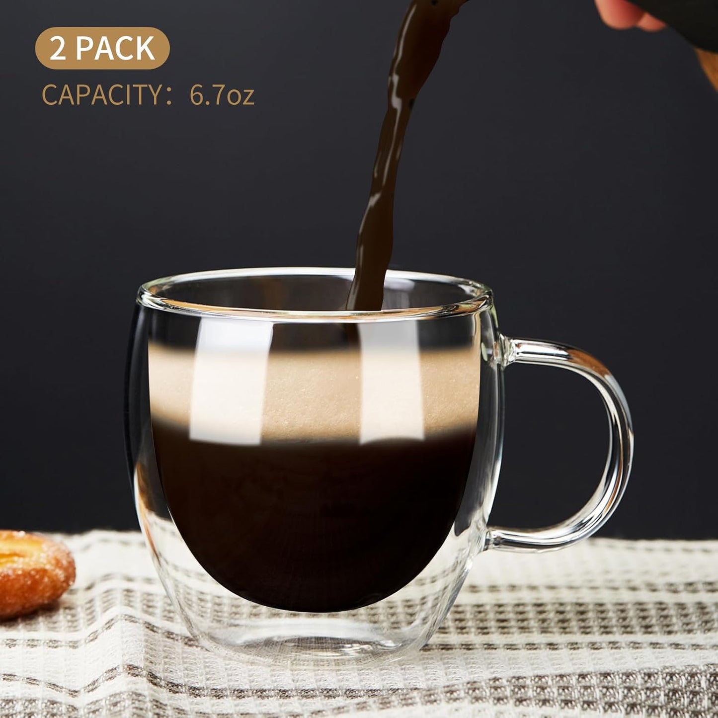 6.7oz Double Wall Espresso Cups Set of 2 With Handle, Clear Expresso Shots Cup, Double Wall Insulated Espresso Mugs, Tazas de Cafe Expreso, Microwave Dishwasher Safe, for Espresso Machine