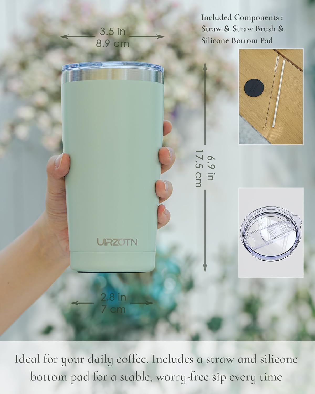 Travel Coffee Tumbler 20oz, Leakproof Travel Coffee Mug with Lid and Straw, Stainless Steel Double Wall Vacuum Insulated Tumbler for Hot/Iced Drinks (Textured Matte, Mint Green)