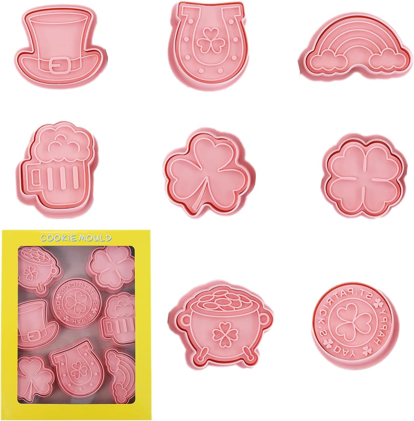 St. Patrick's Day Cookie Cutters, 8Pcs 3D Plastic Cookie Molds Cartoon Shamrock Four Leaf Clover Horseshoe Biscuit Cutters for Irish Holiday Party Baking Cutting Tool (D8)