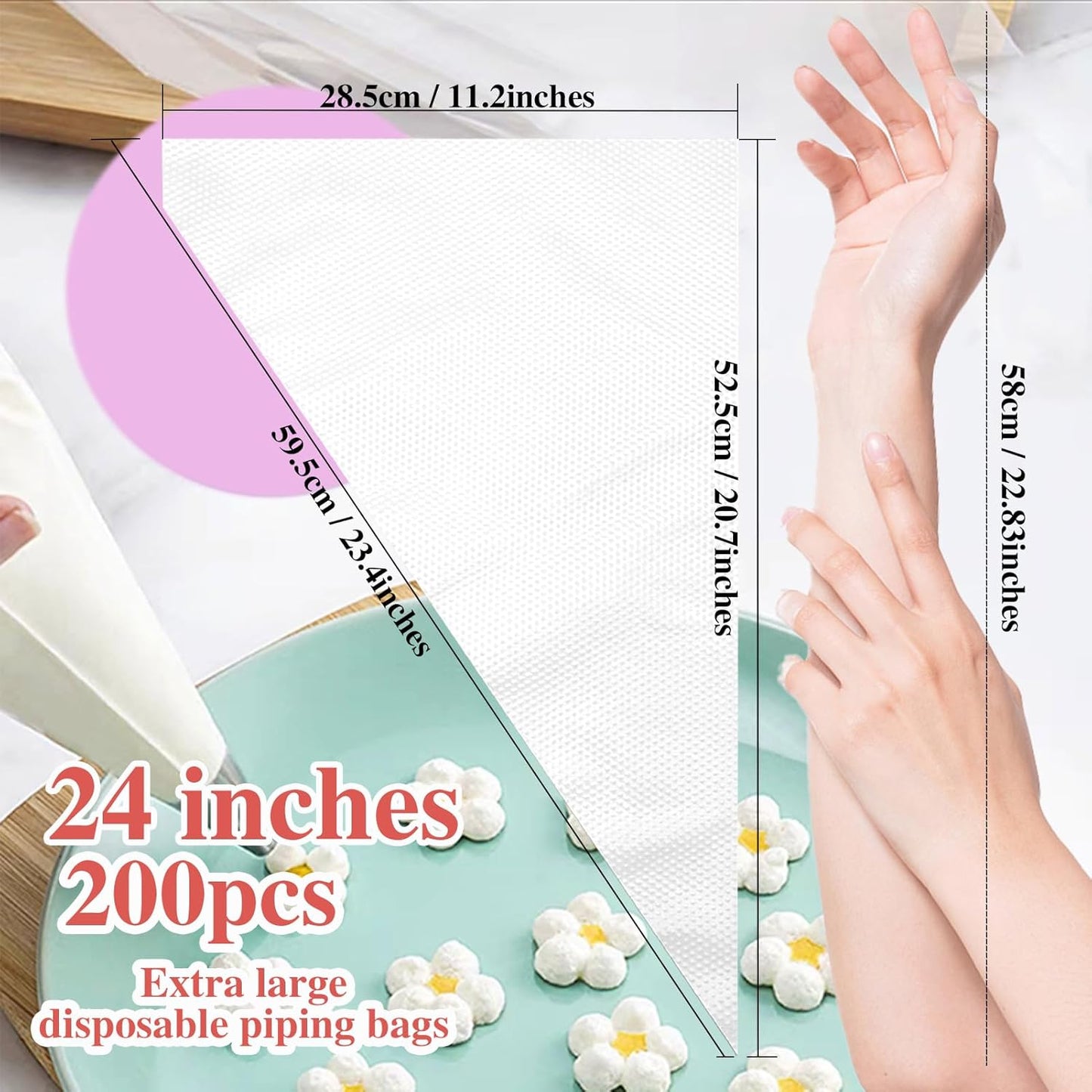 24 Inch Extra Large Piping Bags, 200 PCS Clear Disposable Icing bags, Thickened Non-Slip and Anti-Burst Pastry Bags for Baking and Decorating Desserts Cakes Cookie