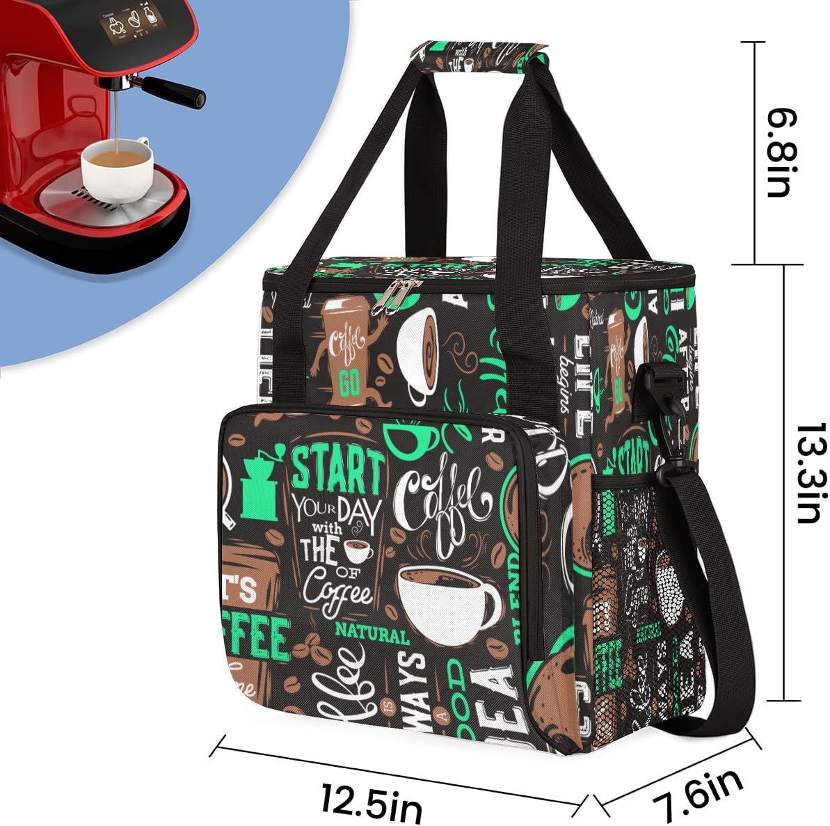 Turquoise Start Your Day With Coffee Coffee Maker Carrying Bag, Coffee Machine Travel Storage Tote Bag Compatible with K-Mini or K-Mini Plus, Portable Single Serve Coffee Brewer Case with Pockets
