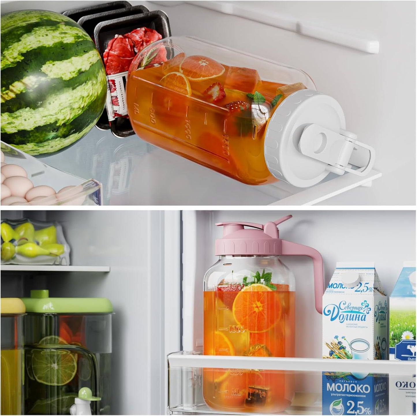 Glass Mason Jar Pitcher, 64 oz Wide Mouth Jug with Pour Spout Handle Lid for Cold Brew Coffee, Ice Beverage, Iced Juice, Lemonade, Sun Tea, Fruit Drinks Container（White）