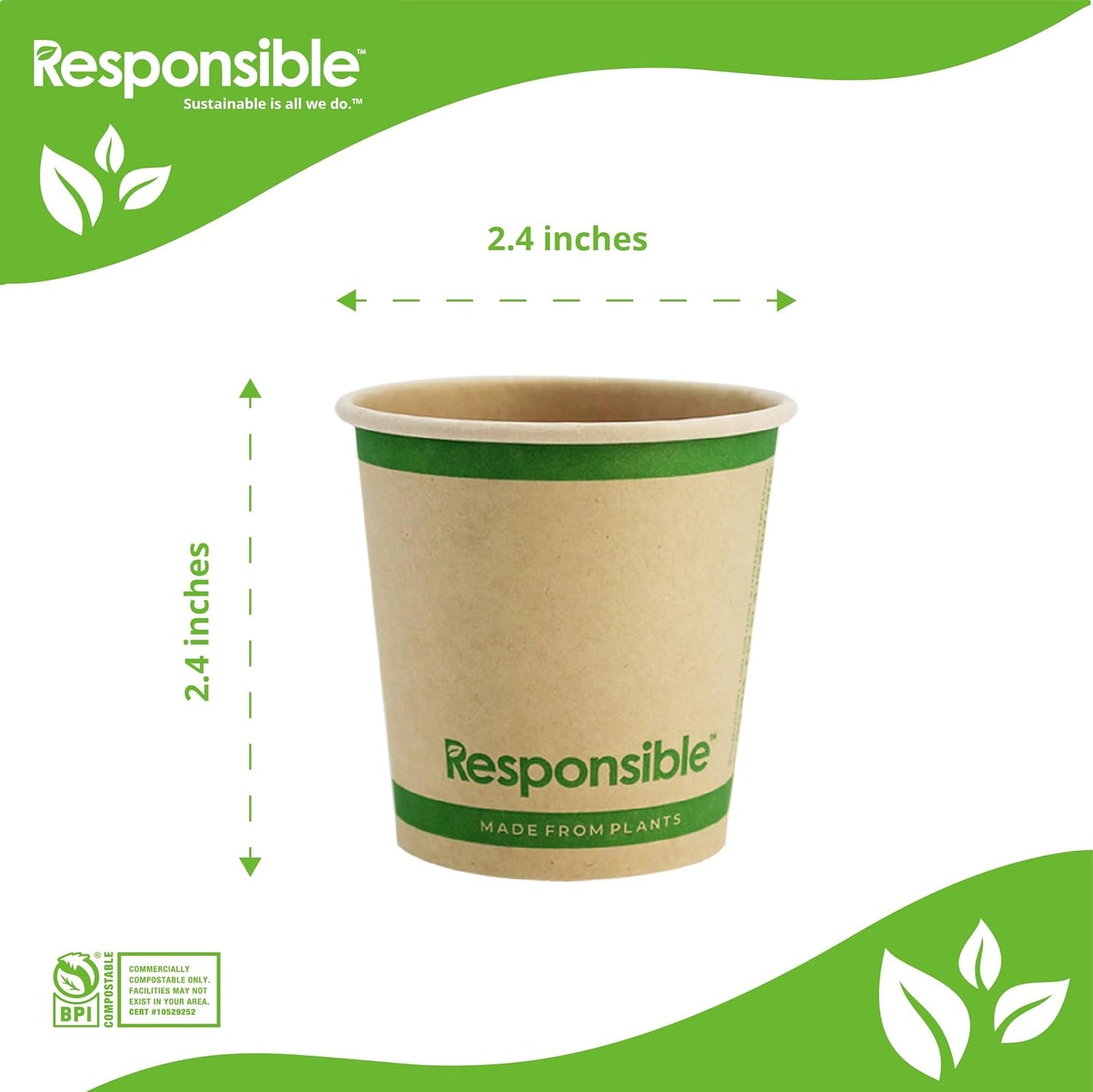 Certified Compostable 4 oz Paper Cups, Cold ＆ Hot Coffee Cups, Disposable Paper Cups, Extra Strength Disposable Cups, Made without PFAS (50 count)