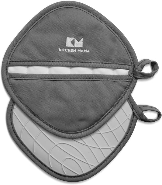 Kitchen Mama Silicone Pot Holders - Heat Resistant, Non-Slip Surface, Dual Pocket Design with Soft Cotton Lining, Safe, Durable, Stylish, Practical for Everyday Use Hot Oven, Bowl, Pan (Metal Gray)