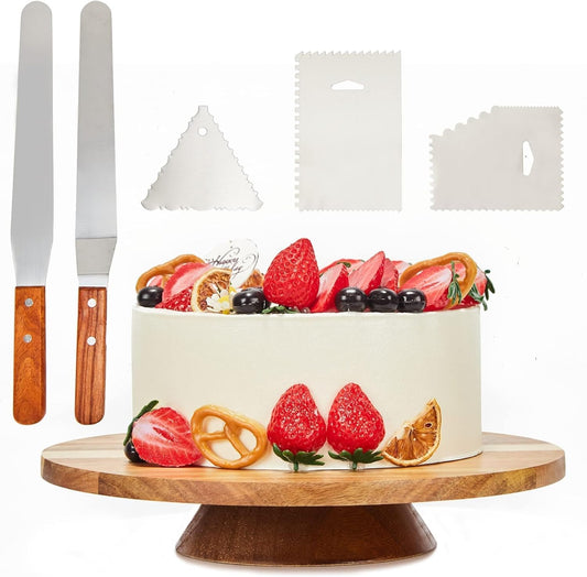 12" Acacia Wood Revolving Cake Stand, 2" High Rotating Cake Turntable with 2 Icing Spatulas, 3 Smoothers, Wooden Rotating Display Stand for Cake, Cupcake Decorating Supplies