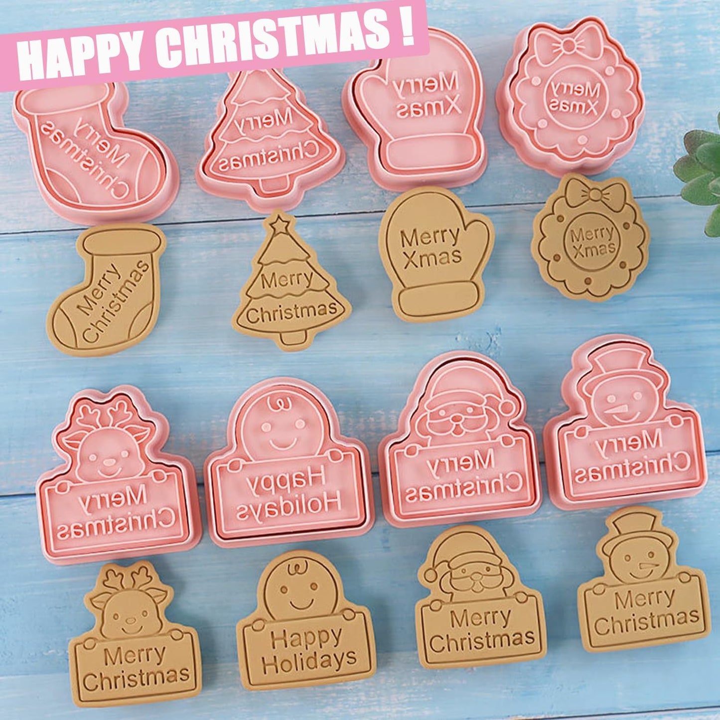 8pcs Christmas Cookie Cutter Set Merry Christmas Cookie Cutters with Plunger Stamps Biscuit Mold 3D Snowman Cookie Molds Cake Baking Fondant Cutter Christmas Party DIY Cookie Decorating Supplies (L8)