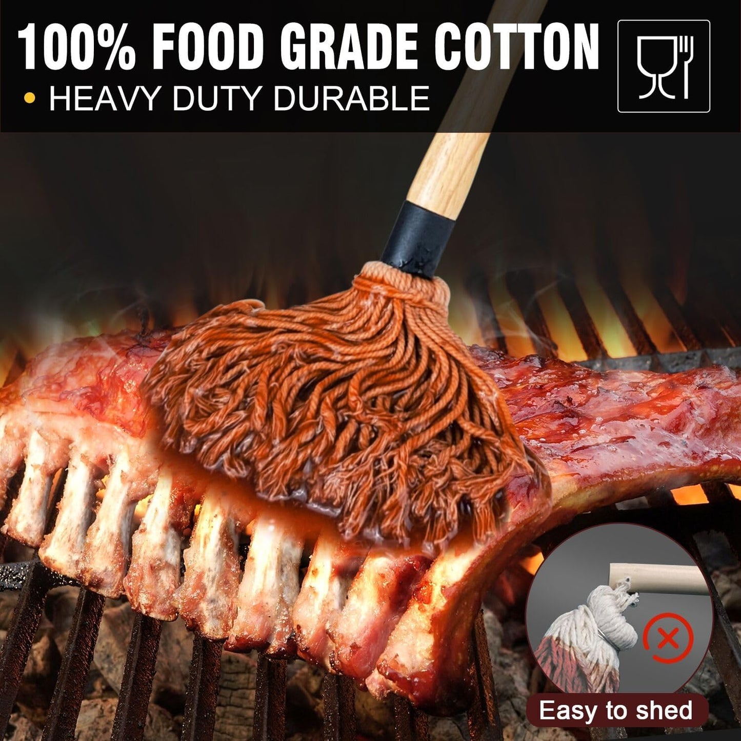 Walfos Basting Brush Silicone and BBQ Mop, Grill Basting Mop with 3 Heads and 2Pcs Pastry Brushes, Wooden Long Handle, Heat Resistant for Grilling, Smoking Steak, Kitchen Cooking (18"）