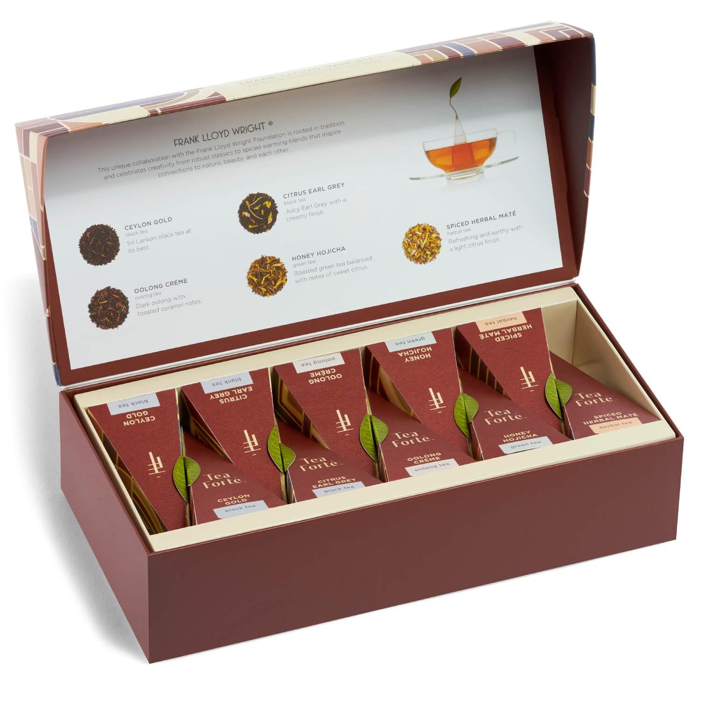 Tea Forte Frank Lloyd Wright Petite Presentation Box Tea Gift Set Sampler, 10 Count, 2 of Each Variety Individually Wrapped Handcrafted Pyramid Infuser Bags