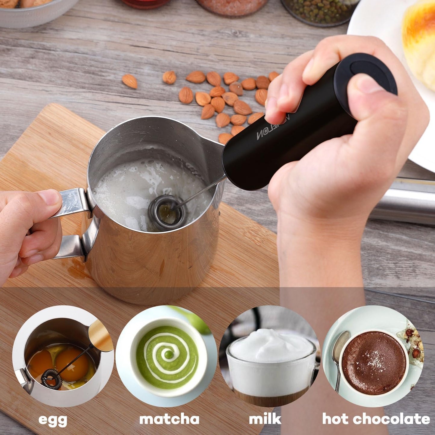 Rechargeable Milk Frother Handheld Electric Frother Wand Milk Foamer Drink Mixer for Coffee, Lattes, Cappuccino, and Egg, Stainless Steel for Travel-Black