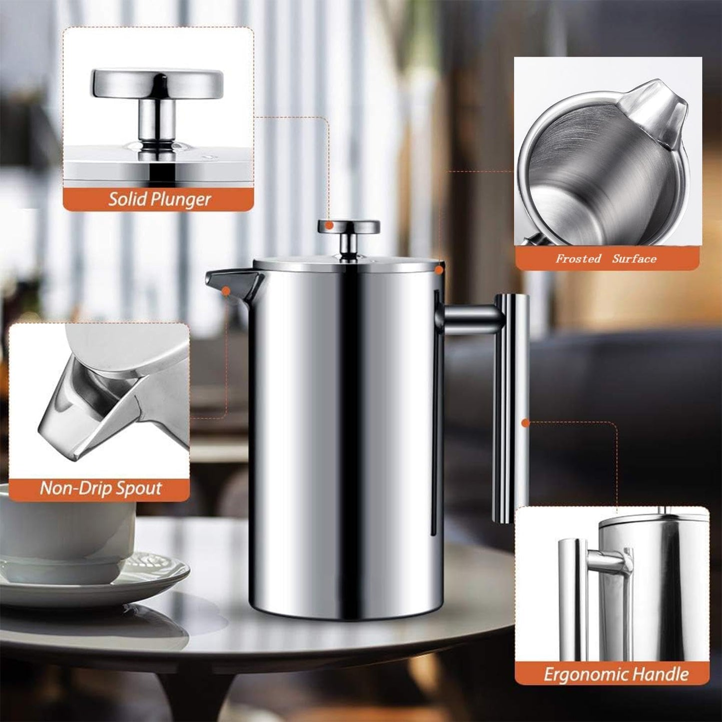 French Press Coffee Maker 3-Level Filtration Double-Walled 6MM Vacuum Insulated Keep Hot 2 Hours for Travel 32oz Polished Stainless Steel