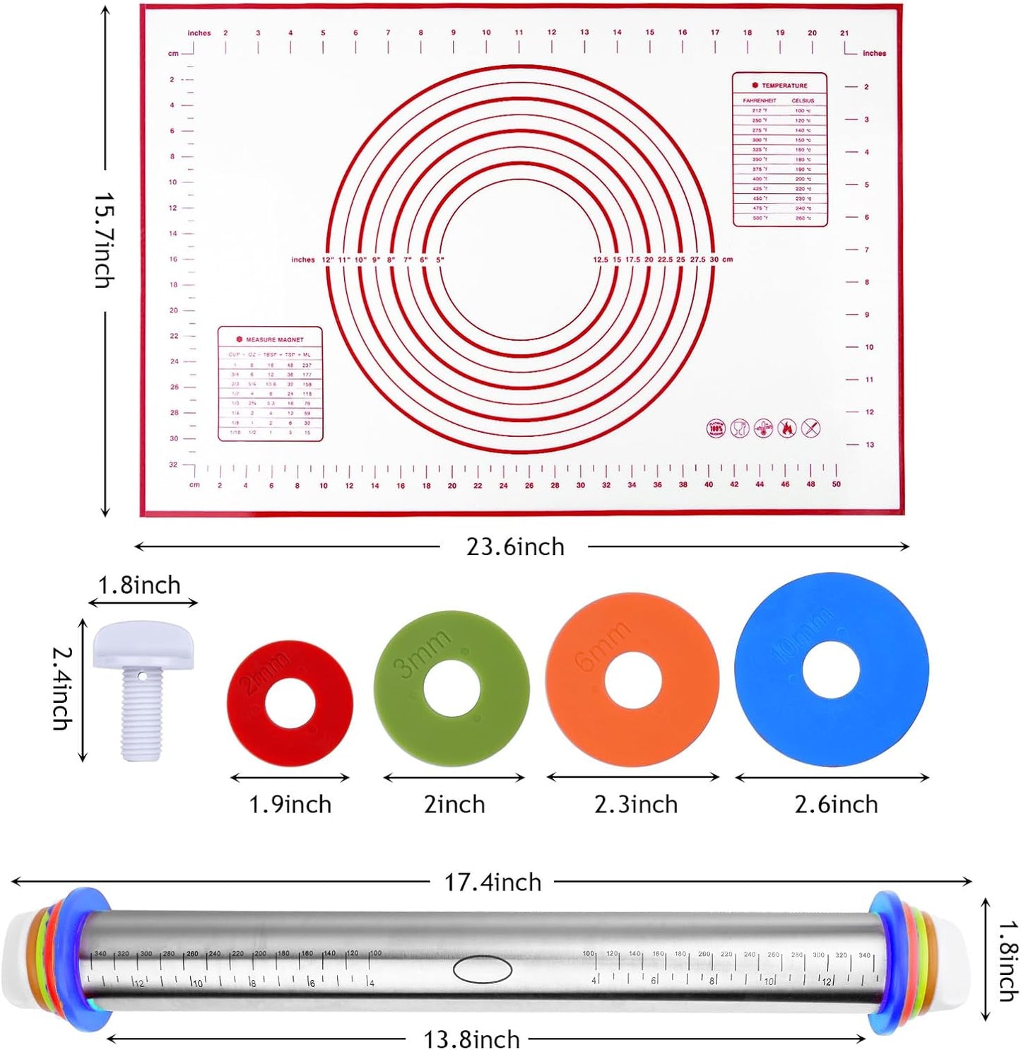 Adjustable Rolling Pin 19 Baking Tool Set and Silicone Baking Pastry Mat Set,Thickness Rings,Stainless Steel Dough Roller Rolling Pins for Baking Dough, Pizza, Pie, Pastrie(Red Mat)