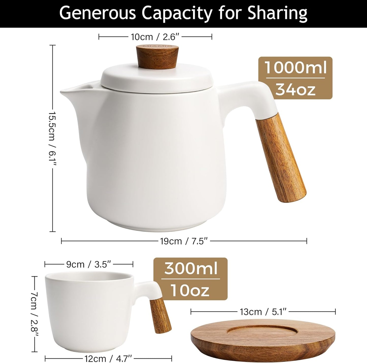 MIAMIO – 34 Oz Ceramic Tea Pot Set with Infuser and Cups/Tea Strainer, 4 Ceramic Tea Mugs (10 Oz), Bamboo Saucers/Handle for Home and Office (White)