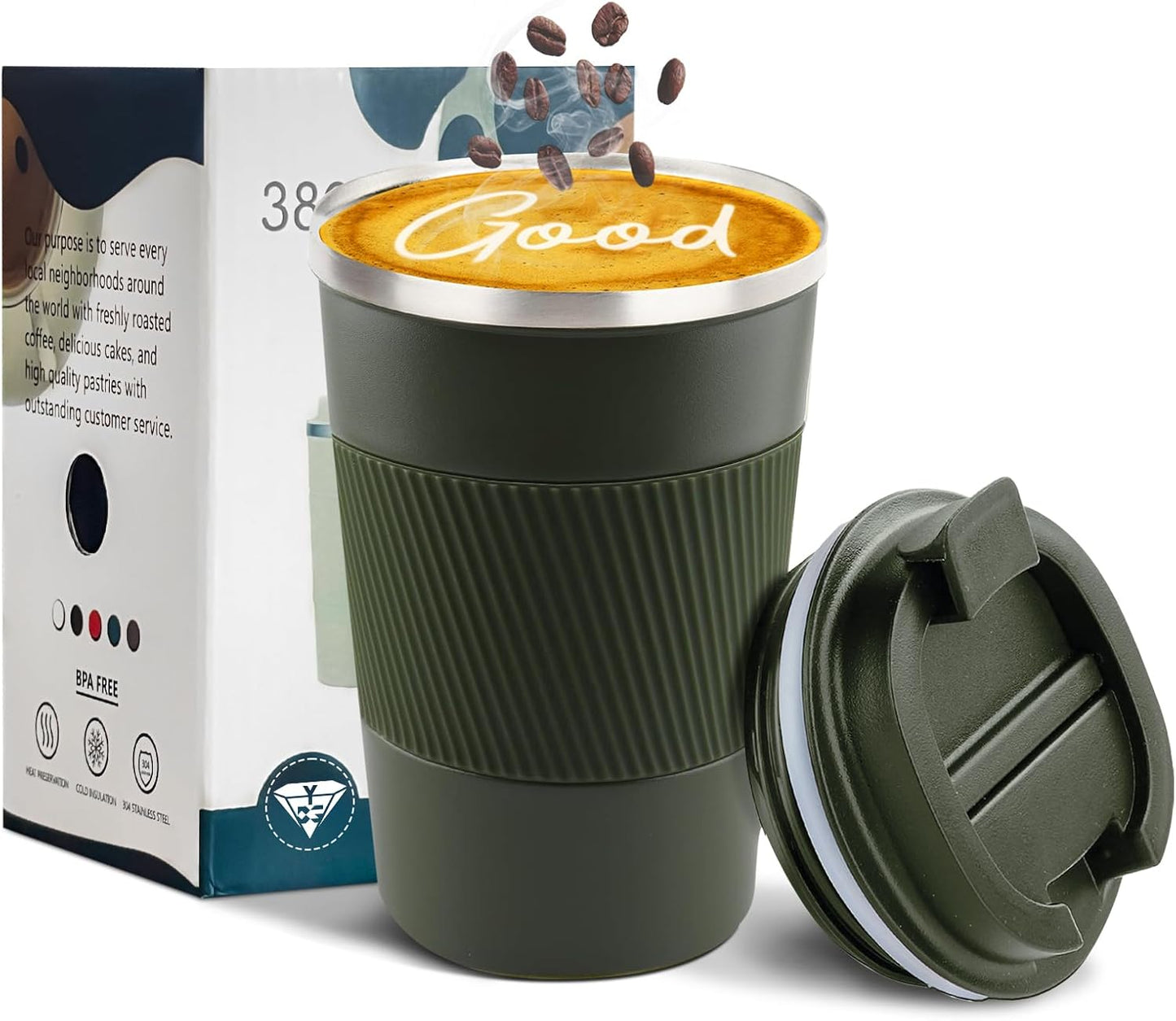 YINBAOGE Insulated Travel Coffee Mug Spill Proof Leak Proof Pobtable To Go Camping Stainless Steel Coffee Tumbler Reusable Coffee Cups with Lids Thermos for Hot and Cold Drink (Green, 12 OZ)