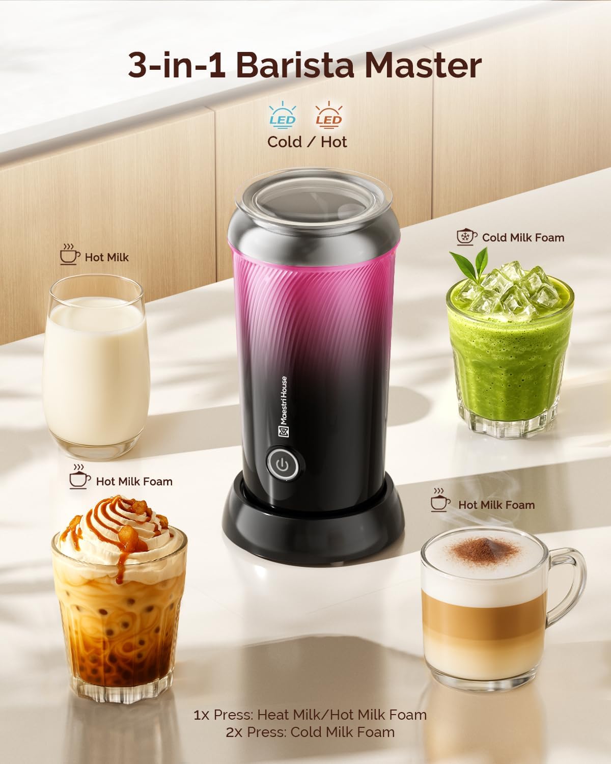 Maestri House Milk Frother, 3-in-1 Hot & Cold Mik Frothing Steamer, 8.12OZ/240ML Touch Control Foam Maker, Compact Space-saving Design for Latte, Cappuccino and Warm Milk