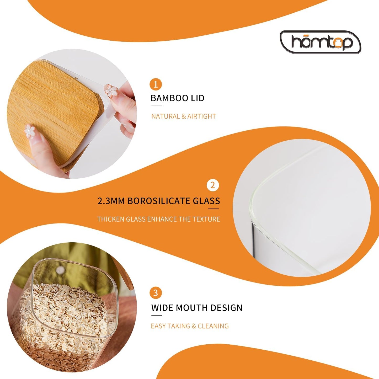 Glass Food Storage Containers with Lids 4 Pack, 4 Inch Wide Mouth 25 Oz High Borosilicate Glass Jars for Coffee Bean, Candy, Cookie, Flour, Square