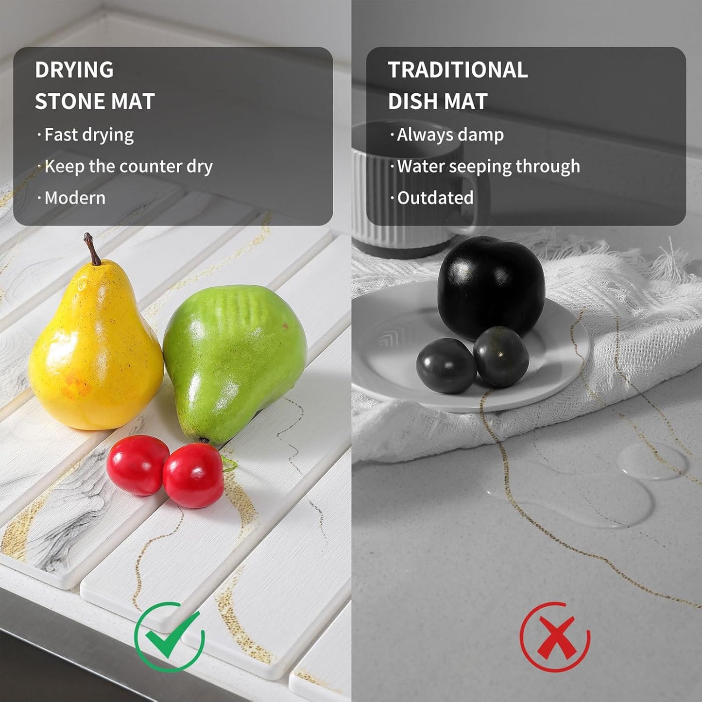 2 PCS Large Stone Dish Drying Mat for Kitchen Counter, , Marbled Water Absorbing Diatomaceous Earth Drying Pad for Countertop Bottles Utensils Cups 24"x16"& 8"x4"