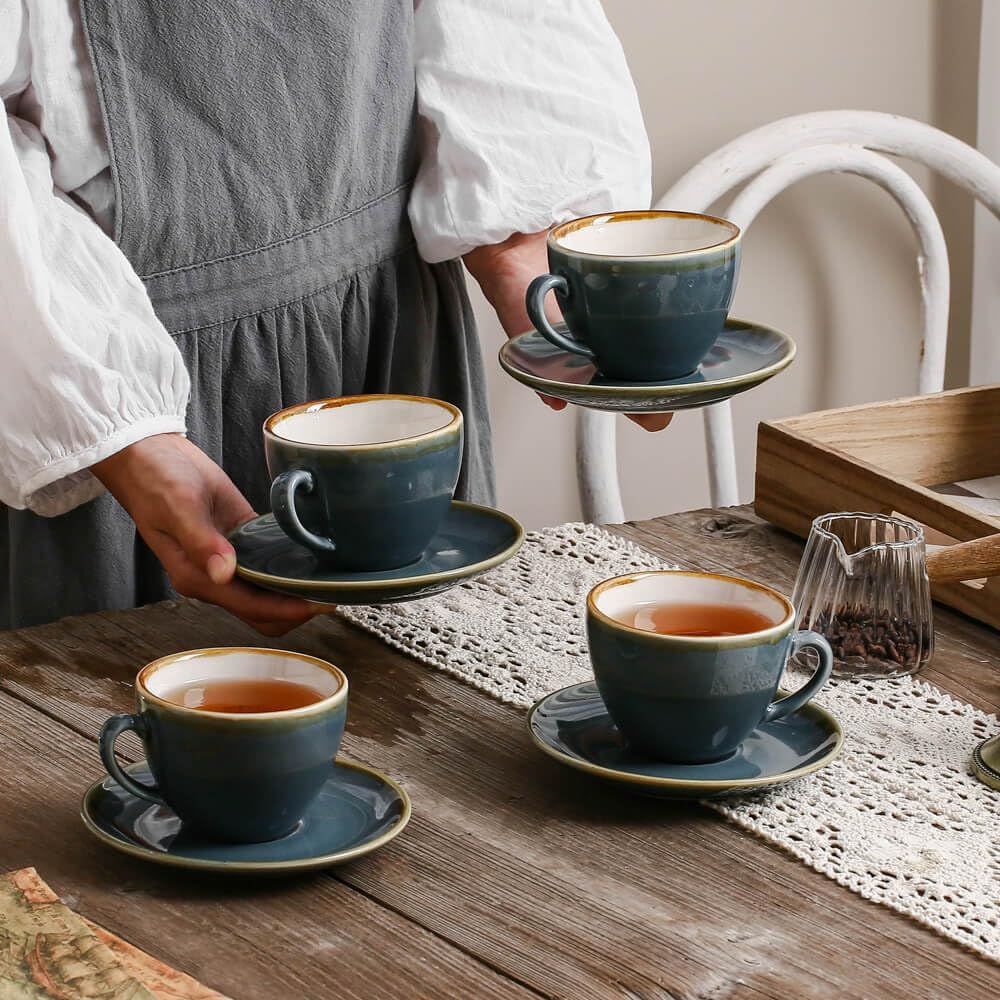 SHUER Ceramic Cappuccino Cup Set of 4, 7.8 OZ Cups and Saucers Set,Coffee Mocha Cup Sets,Black Coffee Cups and Glaze Americano Mugs Great for Party and Low Tea Time (Blue 220ml)