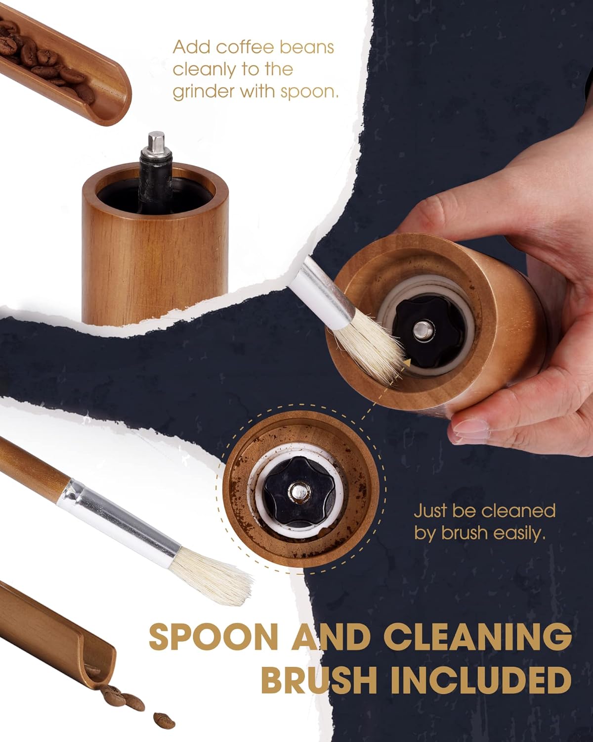 POLIVIAR Manual Coffee Grinder, Coffee Bean Grinder with Adjustable Ceramic Burr, Vintage Style Wooden Hand Coffee Grinder, Portable Burr Coffee Grinder with Brush and Spoon （JX2022-CG10）