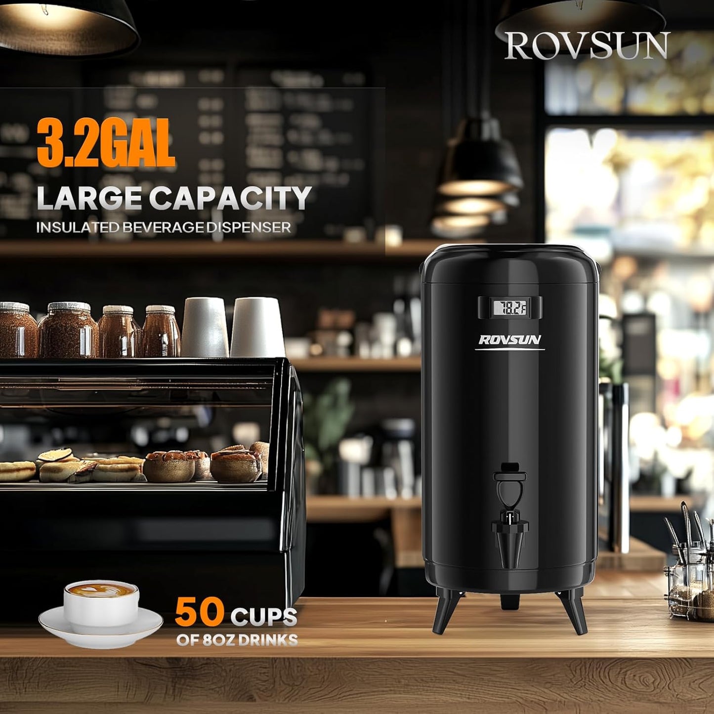 ROVSUN 3.2 Gallon Insulated Beverage Dispenser, Stainless Steel Hot and Cold Drink Dispenser, Ice and Hot Drink Server w/Spigot, Hot and Cold Beverage Server for Coffee, Tea, Milk & Juice