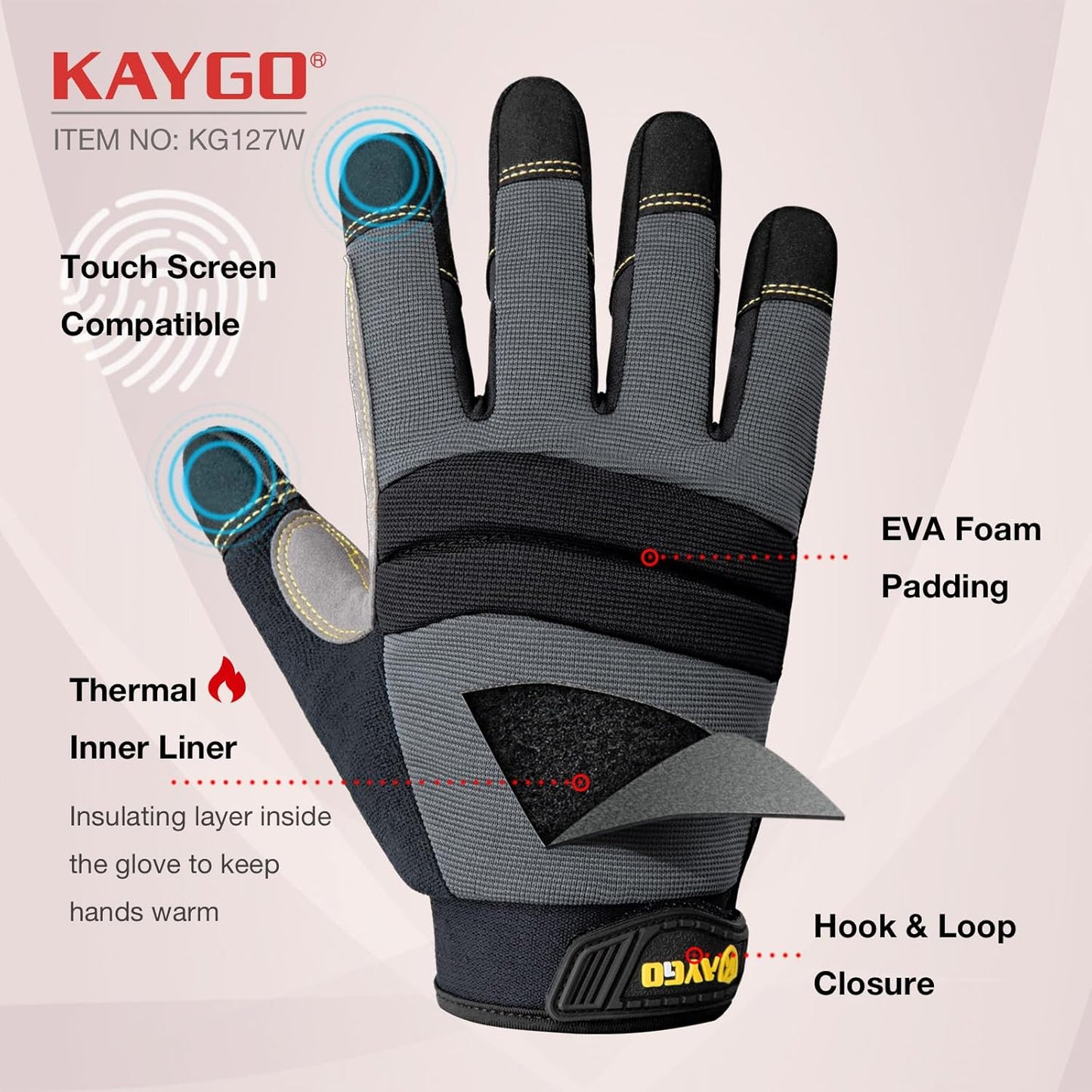 KAYGO Insulated Mechanic Work Gloves,3 Pairs KG127W Winter Thermal Safety Work Gloves for Men and Women, Double Lining,Heavy duty,Improved dexterity,Excellent Grip,Ideal for outdoor jobs,L
