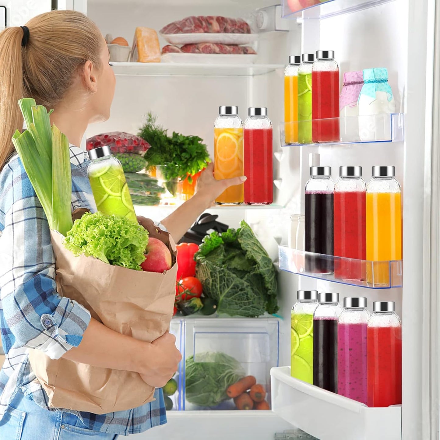 18 oz Clear Glass Water Bottles with Lids, Reusable Glass Juice Bottles with Stainless Steel Cap for Juicing, Refrigerator,100% Leak Proof, BPA Free, Set of 24