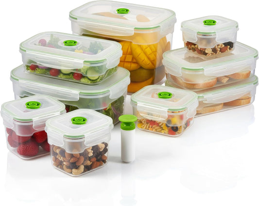 Lasting Freshness 19 piece Vacuum Seal Food Storage Containers with Vacuum Pump, Airtight and Leak Proof, Vacuum Sealed Food Storage Containers, Meal Prep Containers, Keep Food Fresh up to 5 X Longer