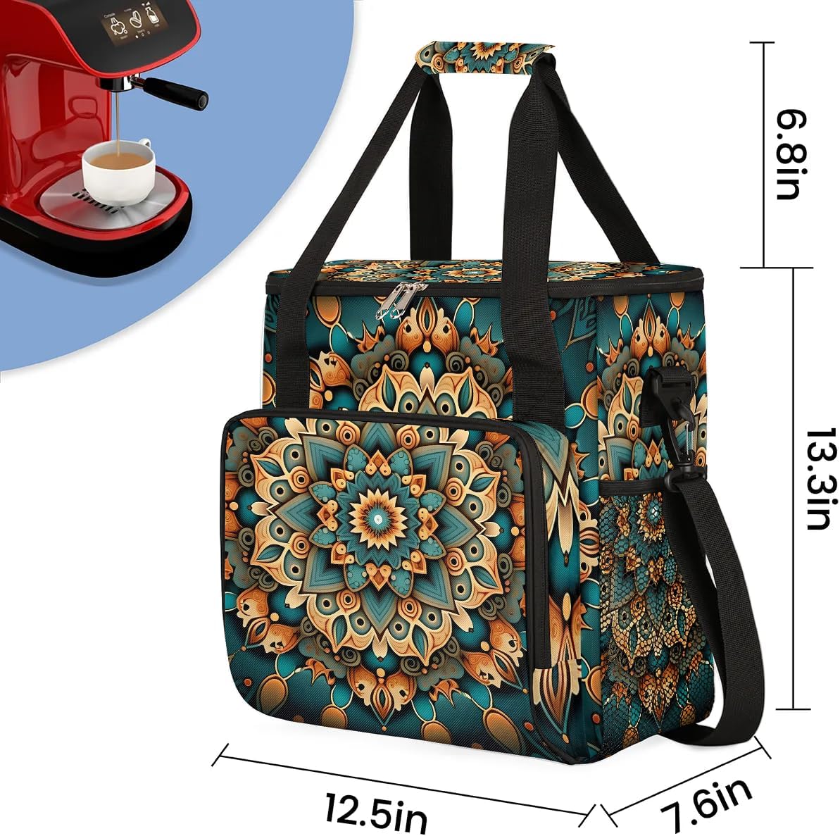 mandala flower beautiful Coffee Maker Carring Bag Travel Carrying Storage Tote Bag Compatible with Keurig K-Mini or K-Mini Plus Portable Single Serve Coffee Brewer Case with Pockets for K-cup Pods