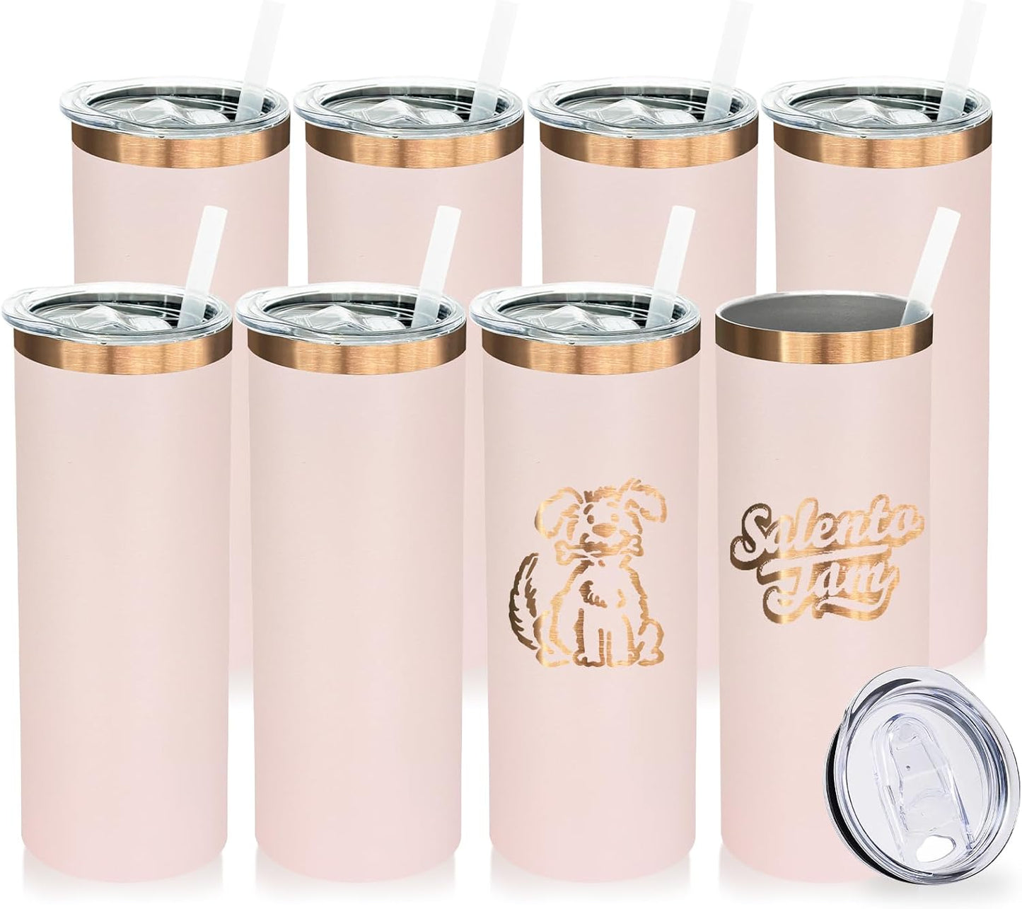 20 oz Skinny Tumblers Bulk 8 Pack, Stainless Steel Insulated Tumbler with Lids and Straws, Slim Double Wall Powder Coated Travel Coffee Mugs Reusable Cup for Hot Cold Drinks (Pink,8 pack)