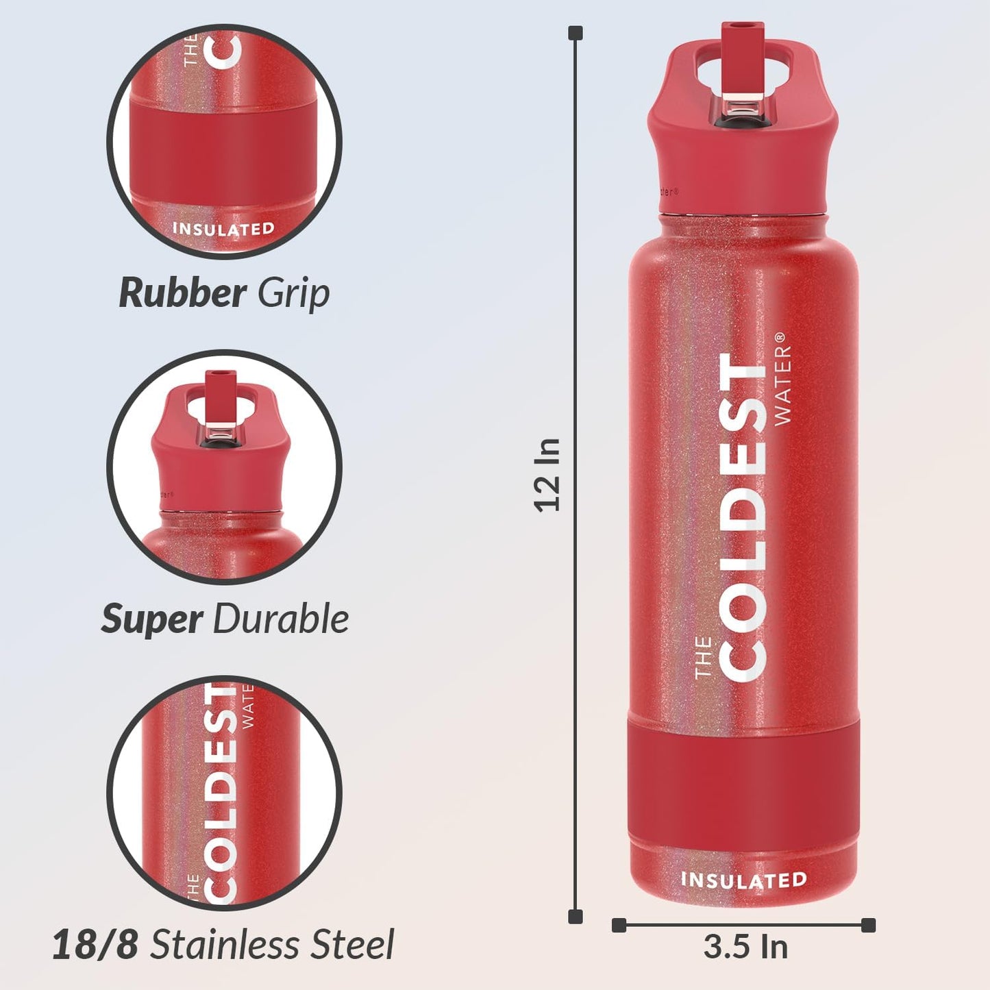 Coldest Insulated Water Bottle with Straw Lid - Stainless Steel Metal Insulated Bottle for Men & Women (Mars Red Glitter, 40 oz)