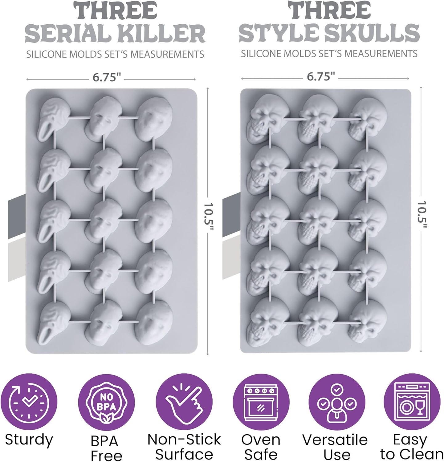 ShapedIceMolds Horror Movie Character Molds – Halloween Silicone Molds for Chocolate, Candy, Soap, Fondant, Resin, Crafts – 3D Creepy Scary Film Icons for Party Treats & DIY Decor (Gray)