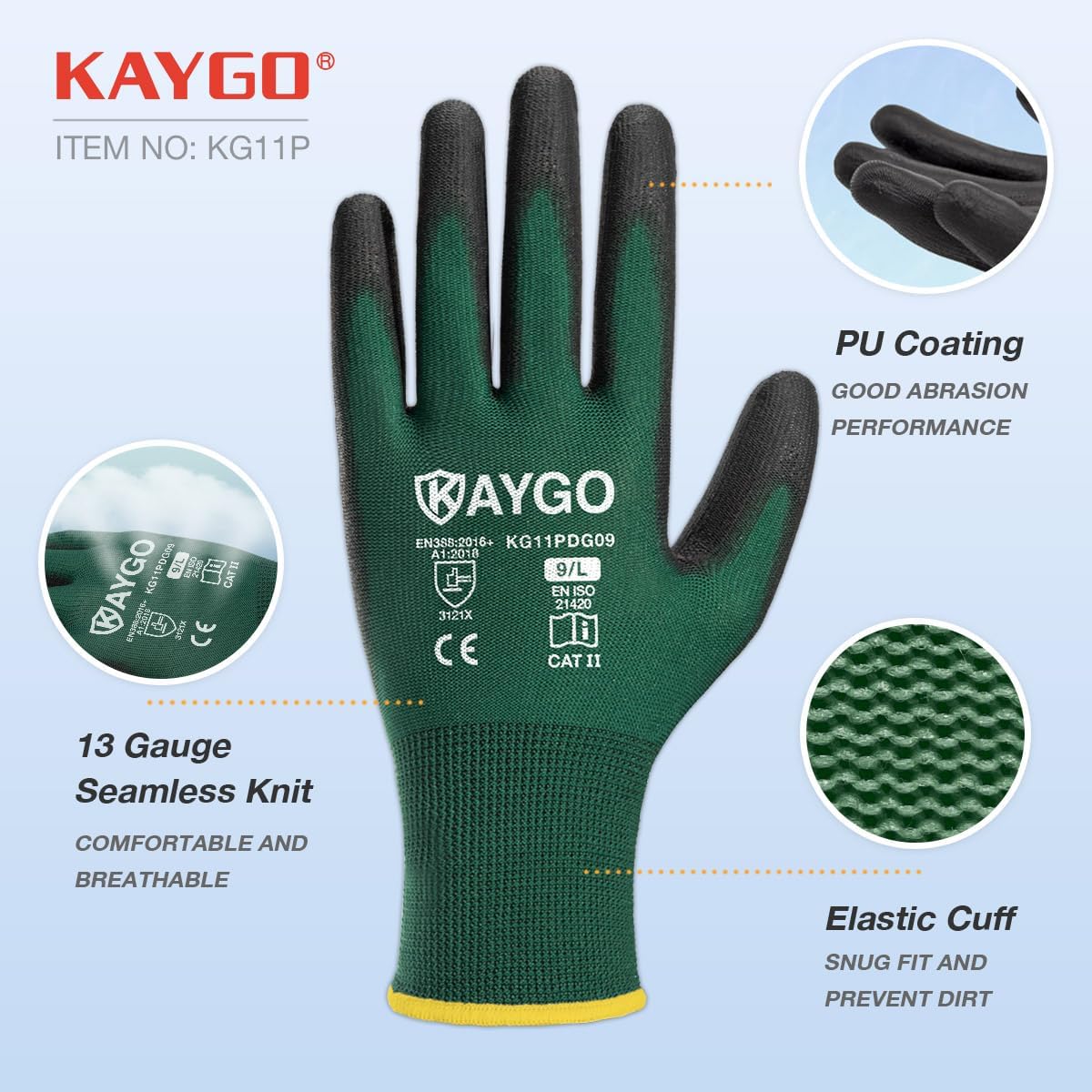 KAYGO Safety Work Gloves PU Coated,12 Pairs KG11PB Seamless Knit Glove for Men and Women, with Smooth Grip on Palm and Fingers, Ideal for General Duty Work (Small,Dark Green)