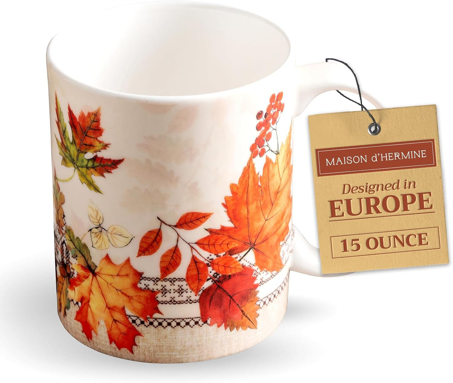 Maison d' Hermine Coffee Mug with Handles Fine Bone China Mugs Pack of One Tea Cups for Hot Beverages Cappuccino Latte Home Restaurant Office Perfect for Gift (Amarante - Charmille, 15 Ounce)
