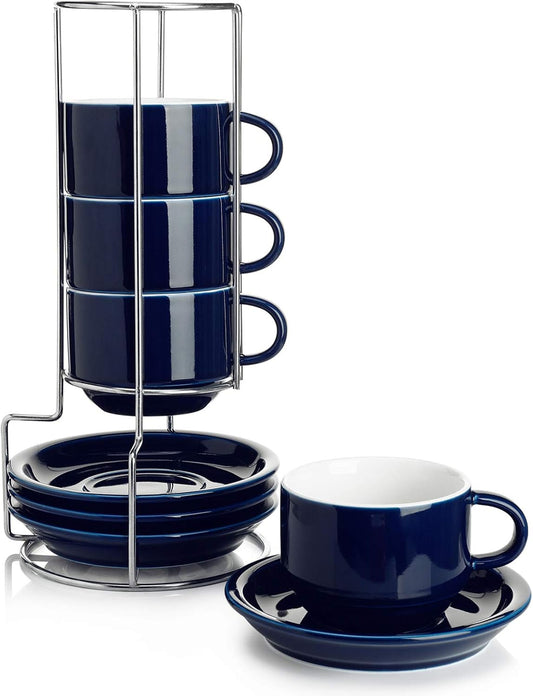 Sweese 8 Ounce Porcelain Stackable Cappuccino Cups with Saucers and Metal Stand - for Specialty Coffee Drinks, Cappuccino, Latte, Americano and Tea - Set of 4, Navy
