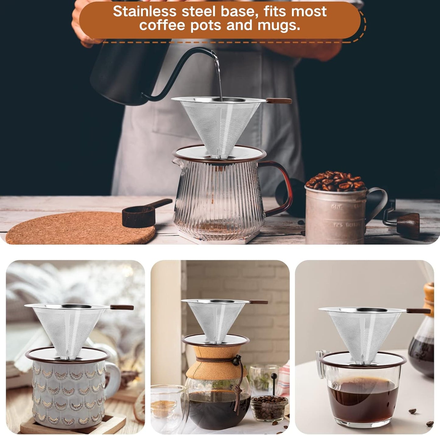 Pour Over Coffee Dripper，Reusable Stainless Steel Drip Cone Coffee Filter, Update Double Ultra Fine Micro Mesh Filter, Professional Paperless Drip Brew Coffee Cone Maker with Cup Stand,1-2 Cup