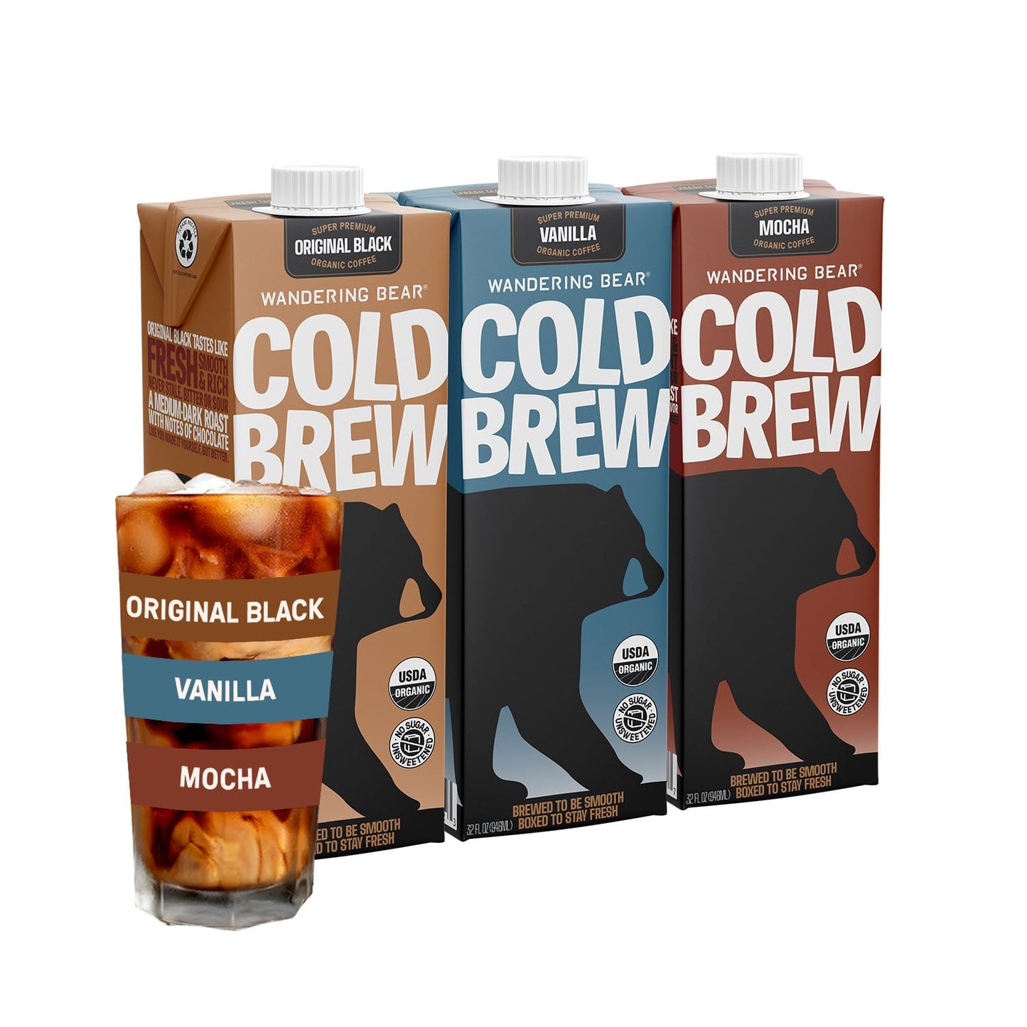 Wandering Bear Organic Cold Brew Coffee, Variety Pack, 32 fl oz (3pk - Black, Mocha, Vanilla) - Extra Strong, Bold, Smooth, Unsweetened, Shelf-Stable, Ready to Drink, Iced Cold Brewed Coffee Drinks