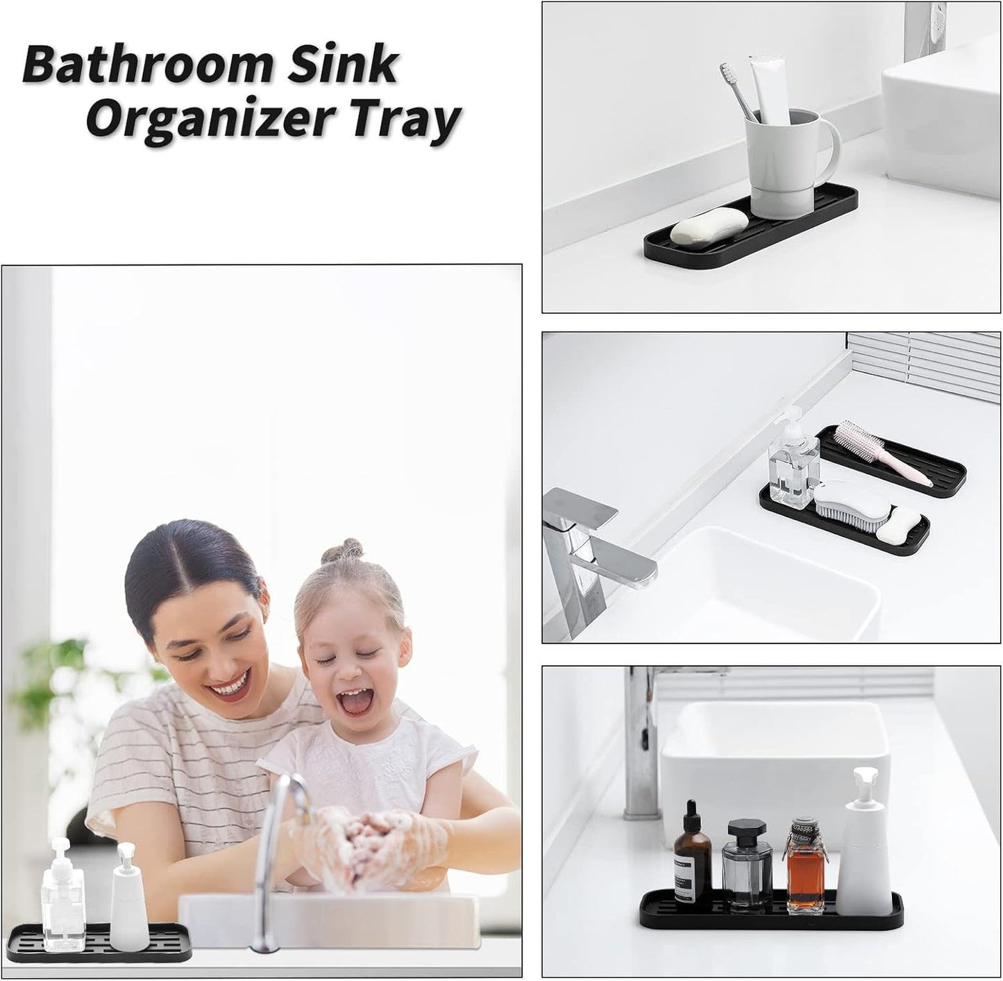 Silicone Kitchen Sink Organizer Tray for Multiple Usage,Eco-Friendly Sponges Holder for Kitchen Bathroom Counter or Sink,Dish Soap Dispenser,Scrubber,Bottle,Cup (Black, 12"×4")