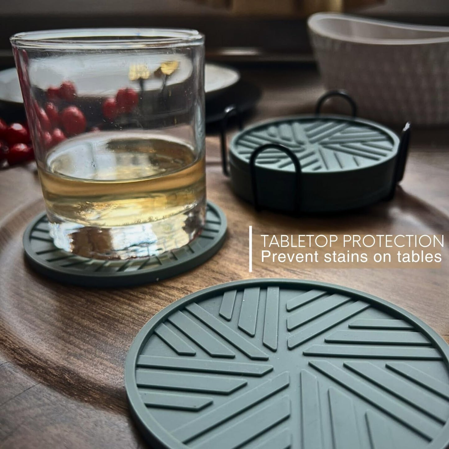 Silicone Coasters with Black Metal Holder, Set of 6, 4-Inch Diameter, Cup Mat for Drink, Stylish Home Decor, Deep Grey