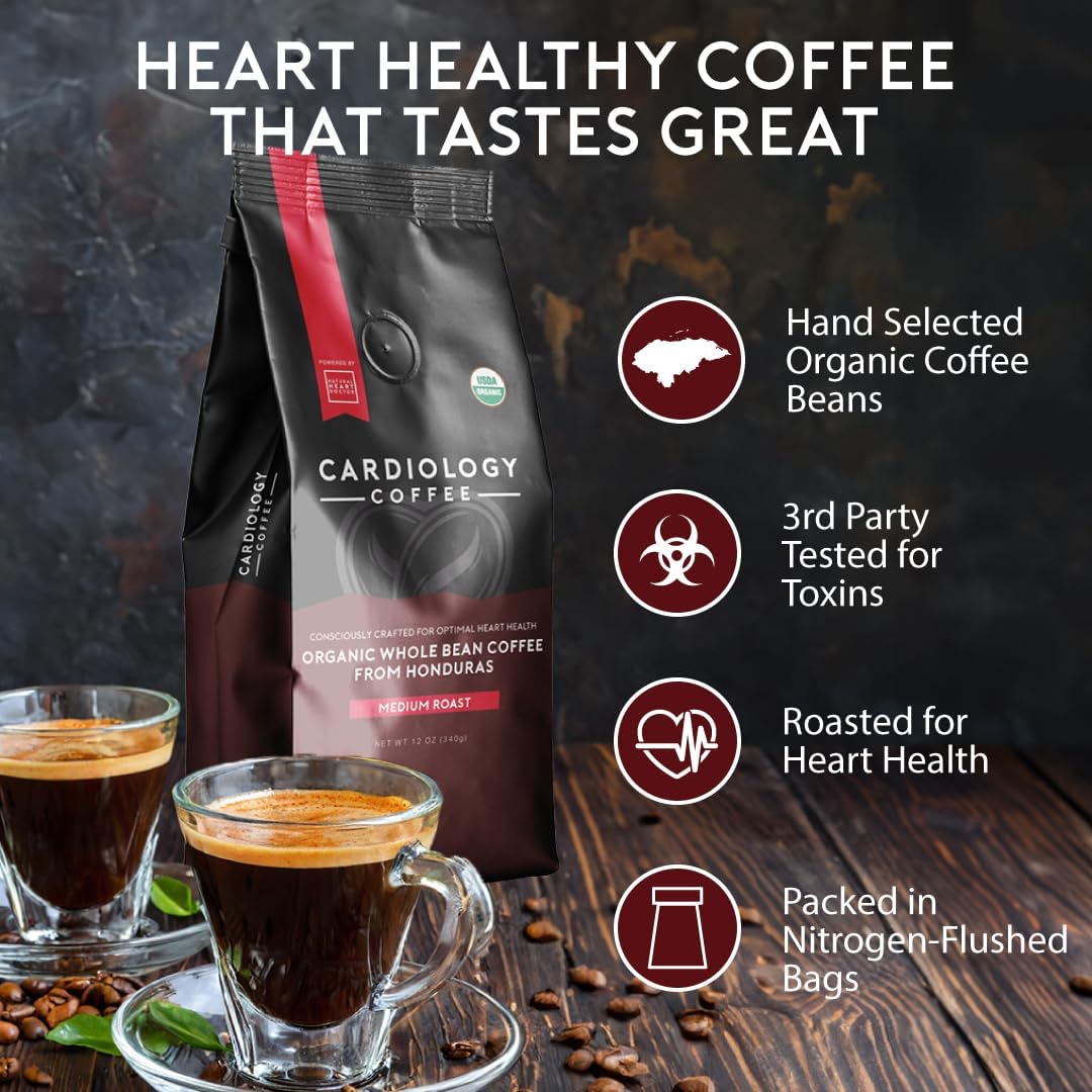 Cardiology Coffee – Whole Bean Coffee – USDA Certified Mold-Free 12oz Premium Medium Roast Organic Coffee Beans with Antioxidant Benefits – Perfect for Heart Healthy Lifestyle