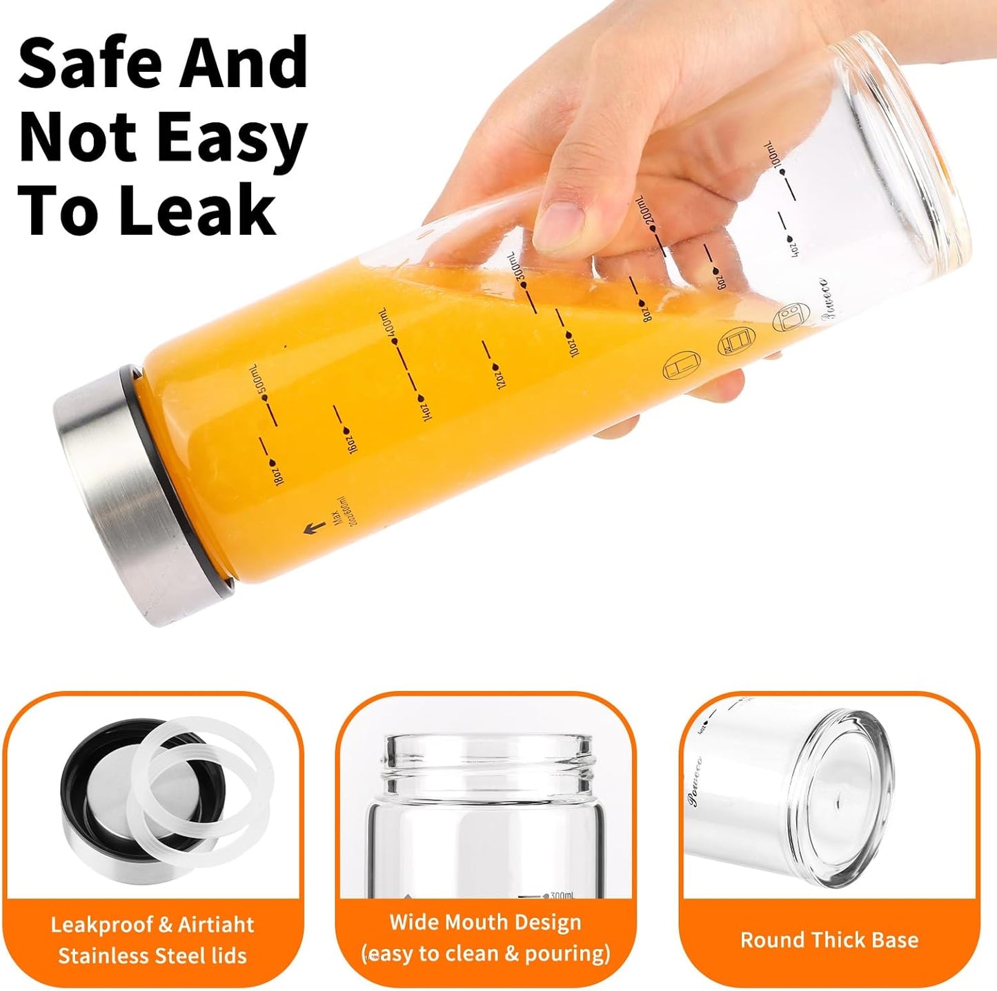 Glass Juice Bottles 6 Pack 10 oz - Wide Mouth Glass Water Bottles with Lids - for Juicing, Protein, Smoothie, Milk, Reusable, BPA Free, Stainless Steel Lids, Blender, Shaker Bottle [10oz/300ml]