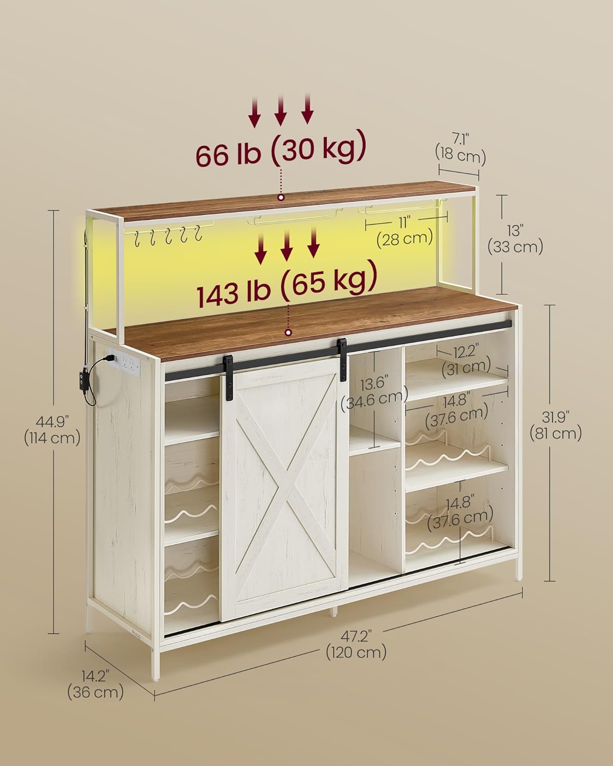 VASAGLE Coffee Bar Cabinet with Power Outlet and Voice Control LED Light, Buffet Cabinet with Sliding Barn Doors, S Hooks, Wine Glass Racks, Bottle Holders, Rustic White and Honey Brown ULSC201W01