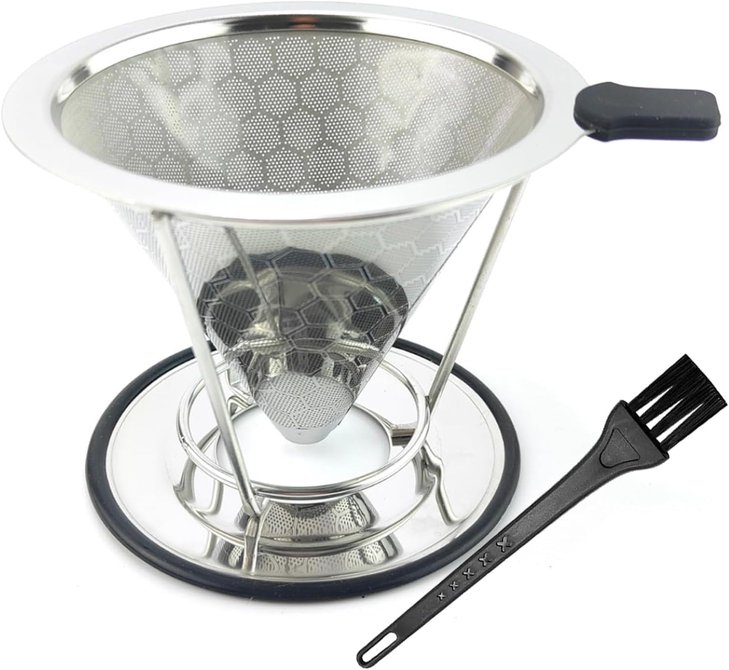 Pour Over Coffee Dripper, Stainless Steel Coffee Filter, Reusable Coffee Filter, Metal Cone Filter with Removable Cup Holder and Cleaning Brush