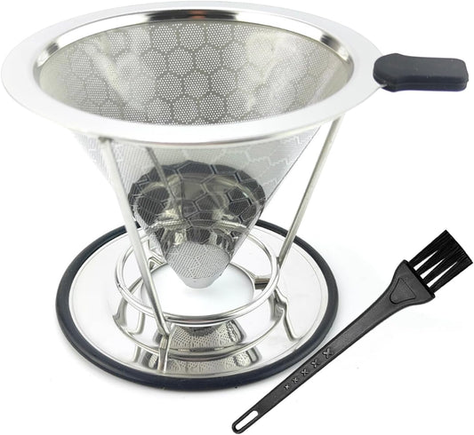 Pour Over Coffee Dripper, Stainless Steel Coffee Filter, Reusable Coffee Filter, Metal Cone Filter with Removable Cup Holder and Cleaning Brush