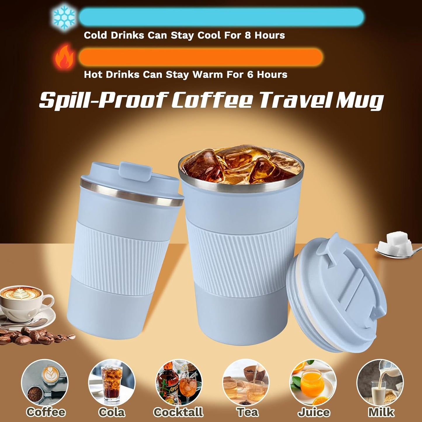 Vacuum-Insulated Stainless Steel Travel Coffee Mug, Leak-Proof Reusable Coffee Cup with Lid - Keep Hot & Cold Drinks for Hours, Durable Thermos Tumbler for Men & Women (3rd-Light Blue, 17OZ)