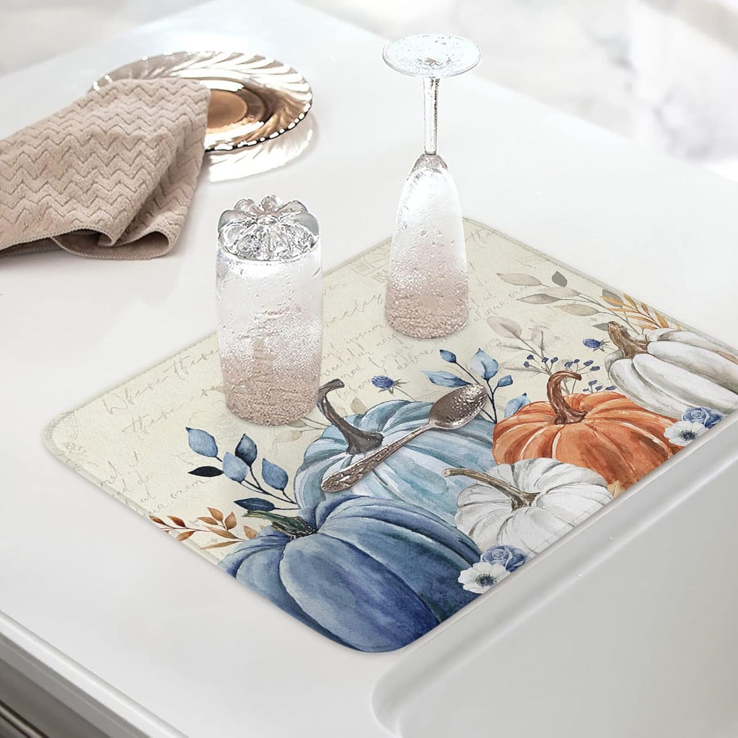 Fall Dish Drying Mat for Kitchen Counter Blue Pumpkin Drying Pad Absorbent Drying Mats for Countertops Sinks Draining Racks Floral Leaves Drainer Holiday Harvest Thanksgiving Decorations 16x18