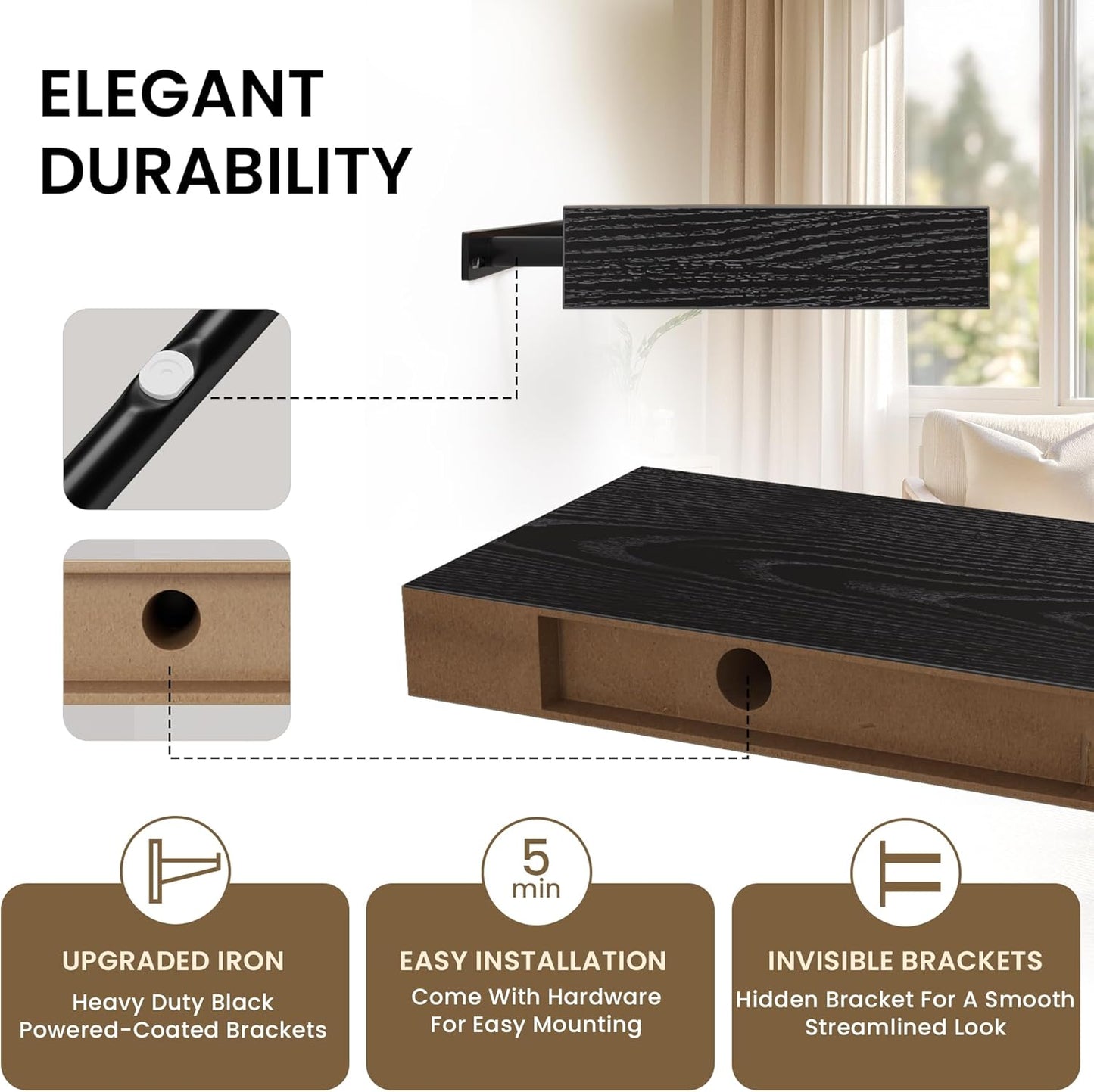 Floating Shelves for Wall, 31.5" W x 6.7" D x 1.5" H, Wooden Wall Mounted Display Shelves with Invisible Brackets for Living Room, Bedroom, Bathroom, Kitchen Decor and Storage, Set of 2, Black